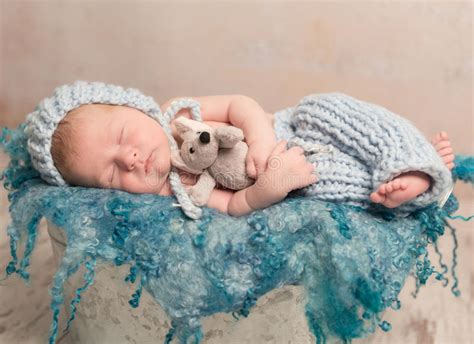 Beautiful Newborn Baby Sleeping On Woolen Blanket Stock Photo Image