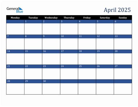 April 2025 Monday Start Calendar Pdf Excel Word