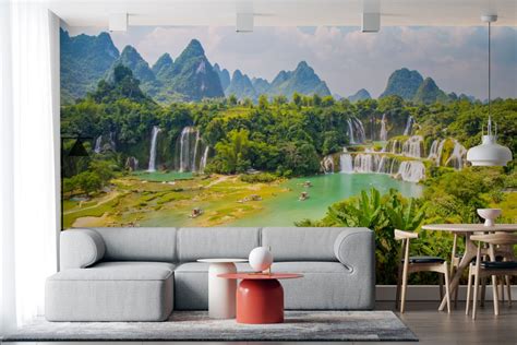 Mountain And Waterfalls Wall Mural Imagimurals Hand Painted