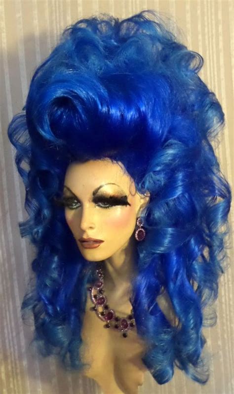 Drag Queen Double Wig Teased Big Long Dark Blue With Light Blue Ends