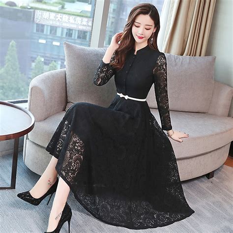 2019 Autumn Winter Plus Size Vintage Lace Midi Dresses Women Elegant
