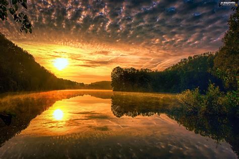 Clouds River Sunrise Forest For Desktop Wallpapers 2048x1365