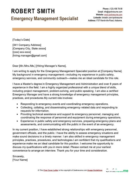 Emergency Management Specialist Cover Letter Examples QwikResume
