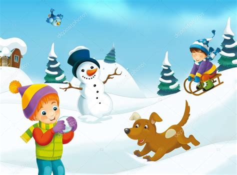 Dibujos Animados De Invierno Con Los Niños — Fotos De Stock © Agaes8080