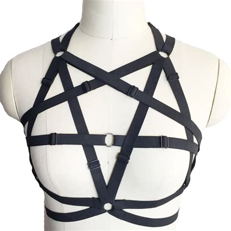 black sexy lingerie pentagram gothic harness cage bra body cage fetish pentagram can adjust