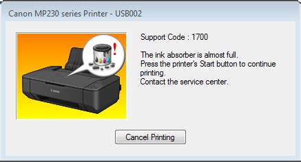 The waste ink absorber is almost full. Keterangan tersebut menyatakan agar printer dimatikan dan hubungi tukang perbaikan.