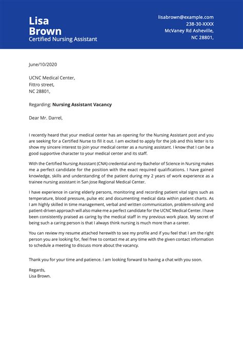 If possible, address the letter to the person who will review your application; Certified Nursing Assistant Cover Letter (CNA) Example ...
