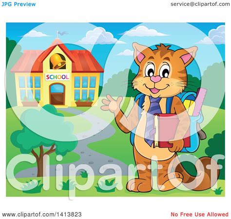 Clipart Of A Cat Student Waving By A School Royalty Free Vector
