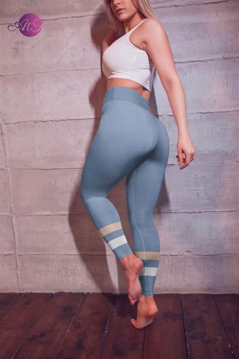 Light Blue Sporty Stripes High Waist Leggings For Women Perfect For Yoga Running And Working