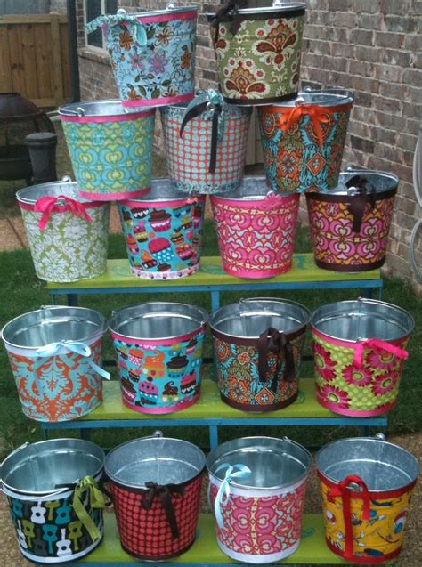 These Are Some Fabric Covered Buckets I Have Made Tin Can Crafts Craft Time Paint Cans