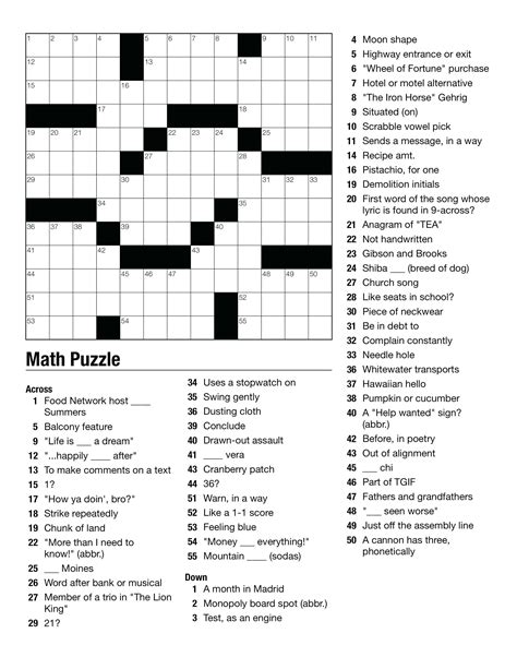 Math Crossword Puzzles Free Printable