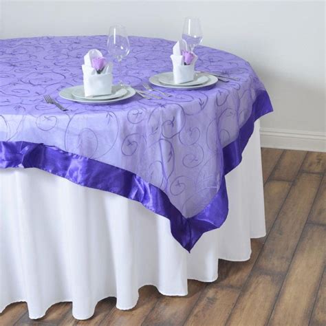 X Purple Satin Edge Embroidered Sheer Organza Square Table Overlay Chair Covers Table