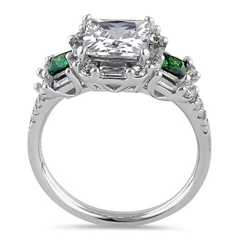 Sterling Silver Classic Princess Emerald And Round Cut With Clear And Eme