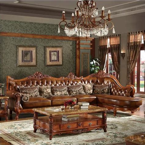 High Quality European Antique Living Room Sofa Furniture Genuine Leather Set In Living