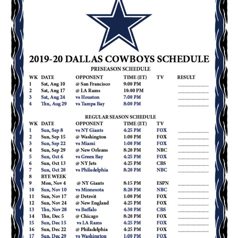 Printable Dallas Cowboys Schedule 2021 22