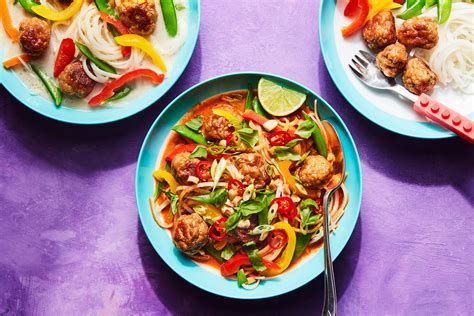 Warm 4 deep bowls and divide the noodles between them. Thai Turkey Meatballs with Coconut Broth and Noodles ...