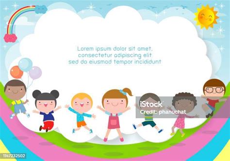 Kids Playing Cartoon Happy Children Jumping Summer Background Template