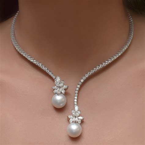 Platinum Spring Wire Necklace With Diamonds And Twin South Sea Pearl