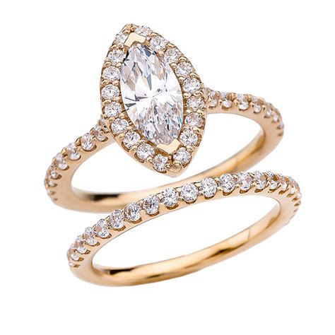 Yellow Gold Dainty Marquise Cubic Zirconia Solitaire Wedding Ring Set