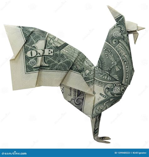 Money Origami Rooster Bird Folded With Real One Dollar Bill Isolated On