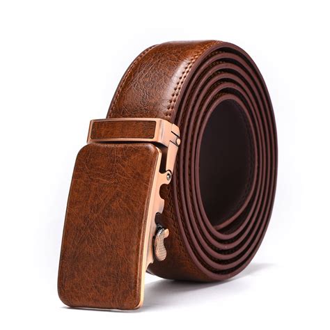 Xhtang Men S Genuine Leather Ratchet Belt Automatic Buckle Belt 3 5cm Brown Strap Jeans