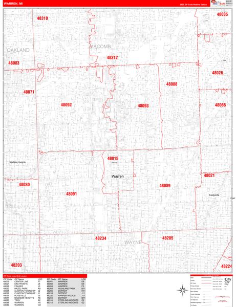 Warren Michigan Zip Code Wall Map Red Line Style By Marketmaps Mapsales