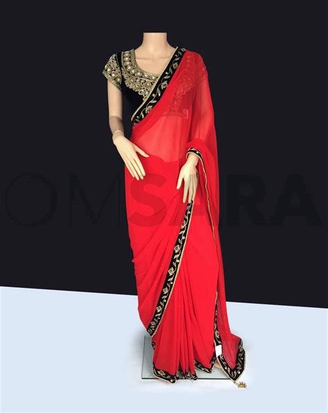 Red Chiffon Georgette Saree With Readymade Blouse Ready To Ship