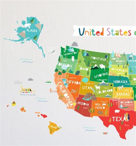 Wall Decal Bright Usa Map Map Wall Decor Removable Etsy Usa Map