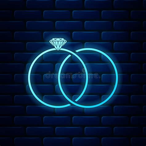 Glowing Neon Wedding Rings Icon Isolated On Brick Wall Background Bride And Groom Jewelery Sign