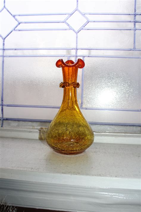 Vintage Amberina Crackle Rainbow Glass Vase Mid Century Modern