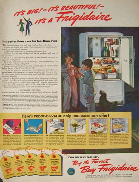 1940 Vintage Frigidaire Refrigerator Ad ~ Its Big Its Beautiful