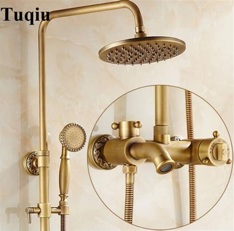 Luxury Antique Brass Thermostatic Rainfall Shower Set Faucet Tub Mixer