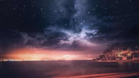 Download wallpaper 3840x2160 sea, sunset, starry sky ...