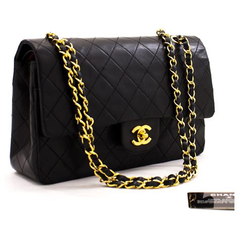 Chanel 255 Lined Flap Medium Chain Shoulder Bag Black Lambskin Leather