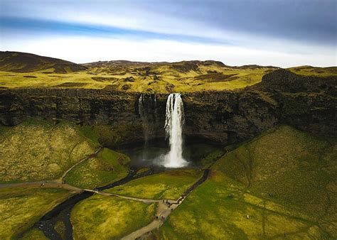 Aerial Photo Waterfall Waterfalls Iceland Nature Green Water
