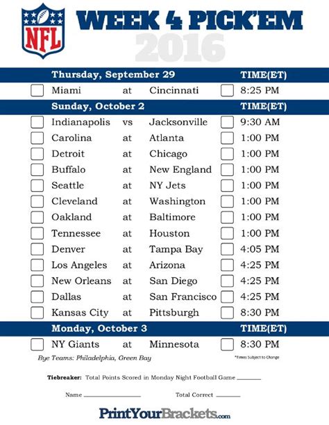 Nfl Week 4 Spreads Printable The Printable Sheet Will Be Updated With