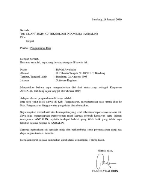 Contoh Surat Resign Hotel One Month Notice Terbaru