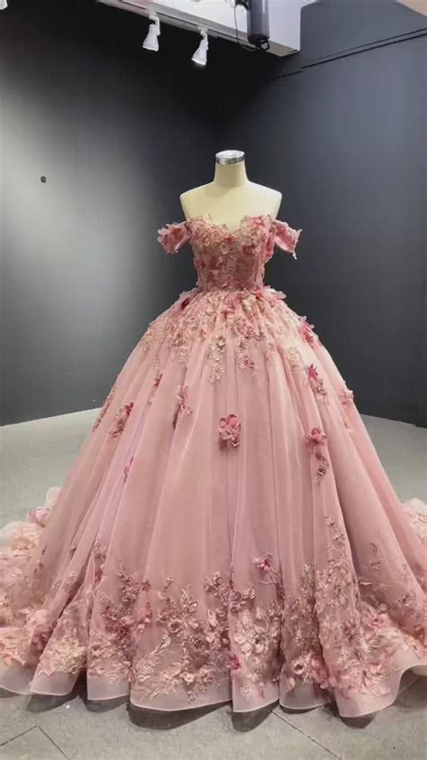 Pink 3d Flower Sweet 15 Dress Off The Shoulder Ball Gown Quince Dress