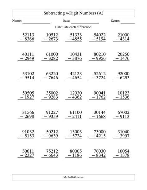 Subtraction Of 4 Digit Numbers With Regrouping Worksheets