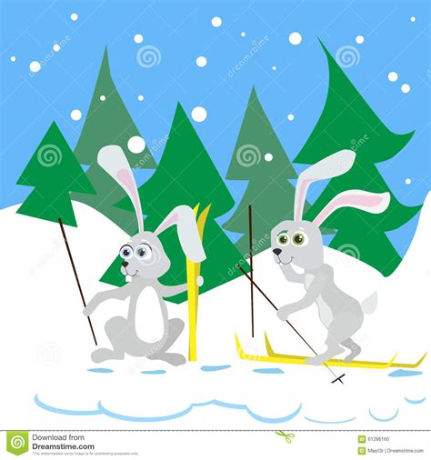 Two Rabbit Ski Winter Snow Forest Vector Stock Vector Illustration Of