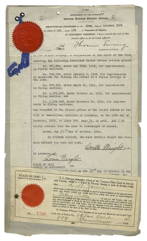 Lot Detail - Orville Wright Signed Patent Document From 1916 ''for improvements in flying ...
