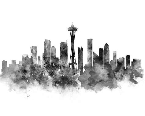 Seattle Skyline Seattle Print Usa Washington Poster Etsy Black And