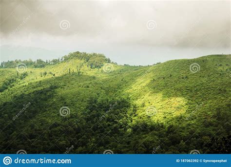 Green Mountain Peak Top View With Cloud Sky Shadow Background Landscape