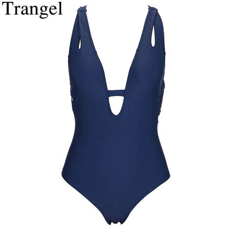 Trangel 2019 Sexy Swimsuit Women Dust Blue Solid Bathing Suit Deep Plunge Cross Back One Piece