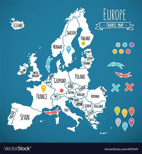 Hand Drawn Europe Travel Map With Pins Royalty Free Vector