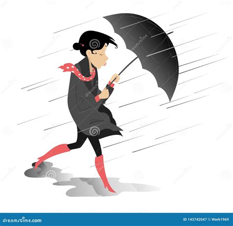 Windy And Rainy Day And Woman With Umbrella Isolated Illustration Stock