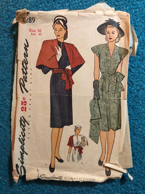 1945 Simplicity Sewing Pattern 1289 Dress And Cape Sz 16 Etsy