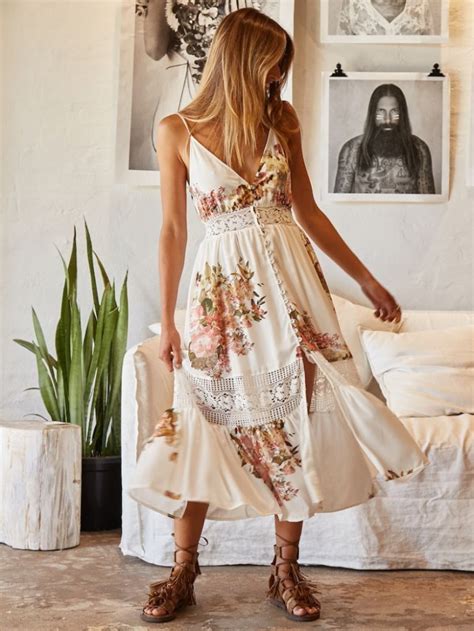 2018 Summer Women Boho Long Maxi Dresses Ladies Floral Print Lace V