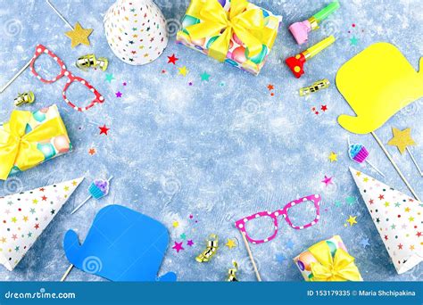 Colorful Birthday Party Accessories On Blue Wrapped Ts Confetti