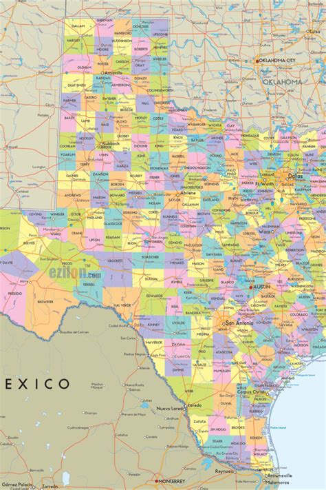 Map of the State of Texas Showing Cities, Towns, and Counties with